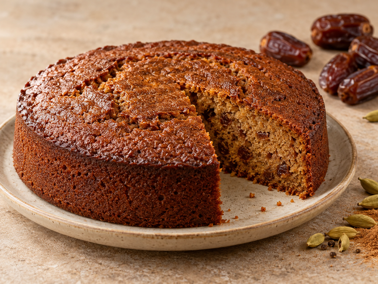 Bolo de tâmaras e cardamomo — Ilustração fotorrealista gerada por IA
