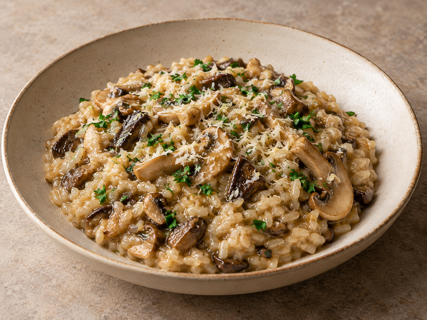 Risotto ai Funghi — Ilustração fotorrealista gerada por IA